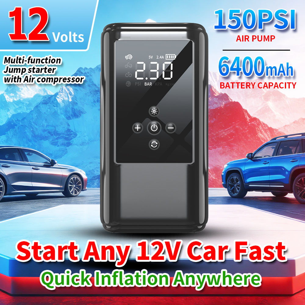 Compact 6400mAh Battery Jump Starter with Built-in Air Pump and 600A Peak Current for Emergency Vehicle Charging