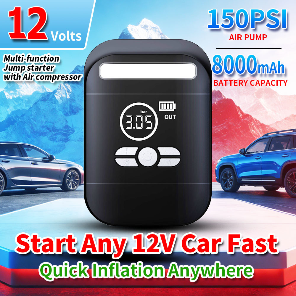 Multi-Function 8000mAh Car Jump Starter with 150 PSI Tire Inflator and Portable Power Bank