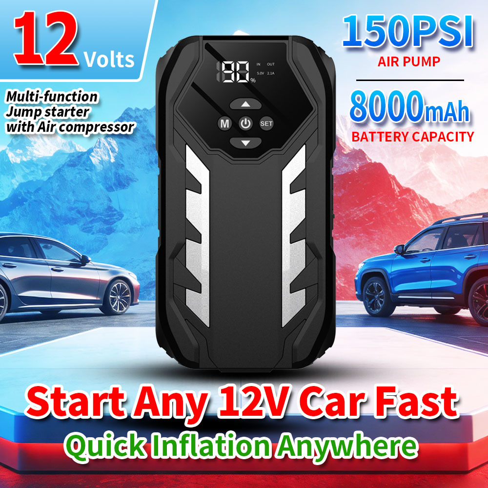 Portable Automotive Jump Starter with 8000mAh Battery Tire Pump and LED Flashlight