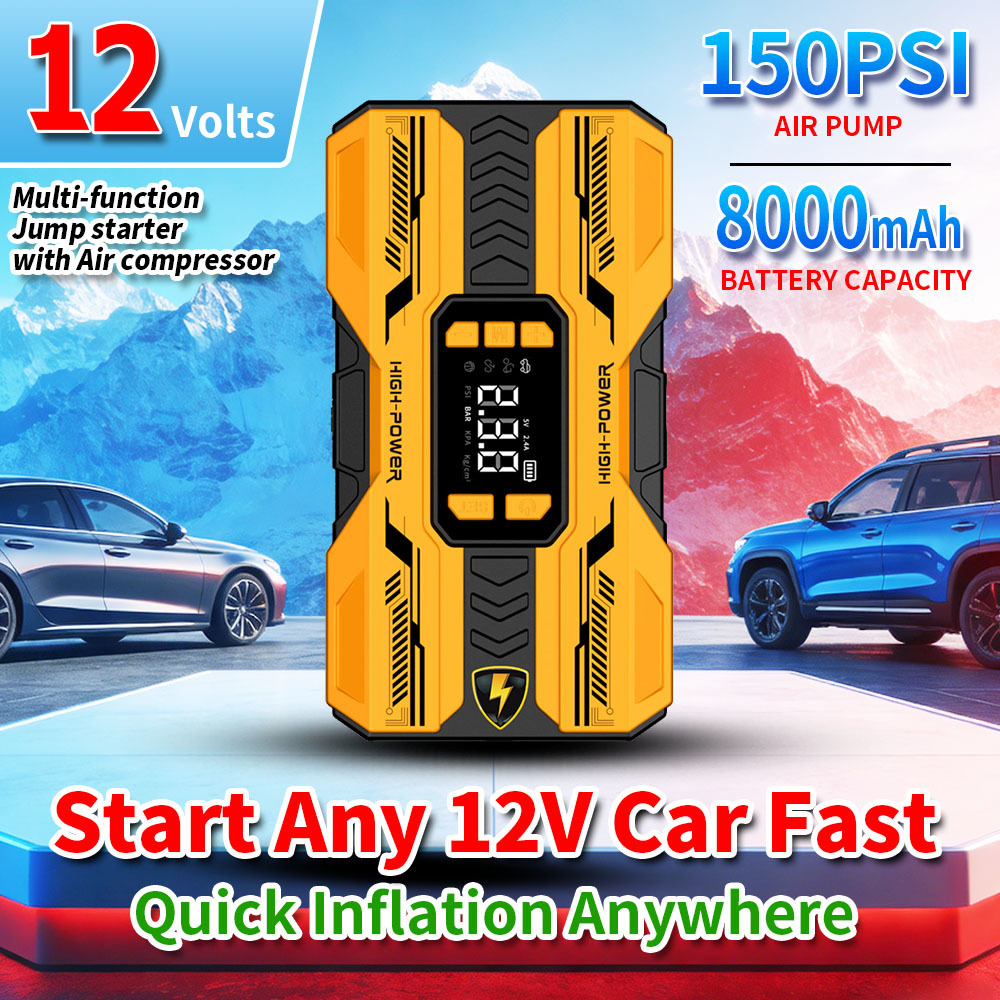 Multi-Function 8000mAh Automotive Jump Starter with Built-In Air Compressor for 12V Vehicles