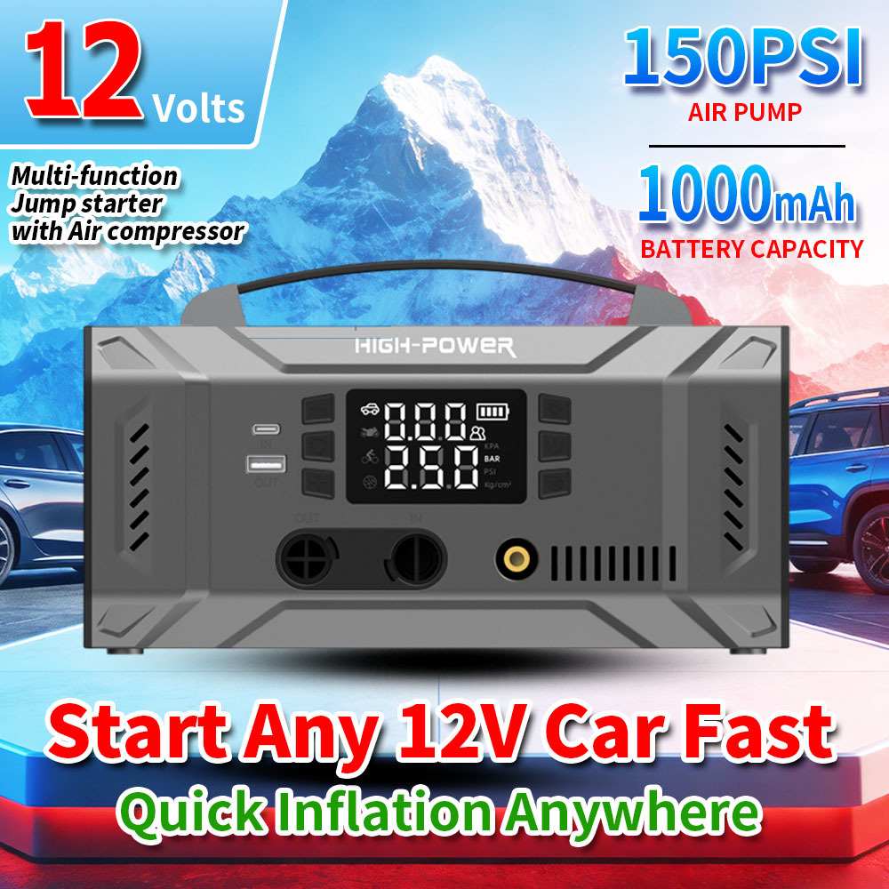 10000mAh 12V Car Jump Starter with 150 PSI Tire Inflator and 1000A Peak Current Portable Power Bank