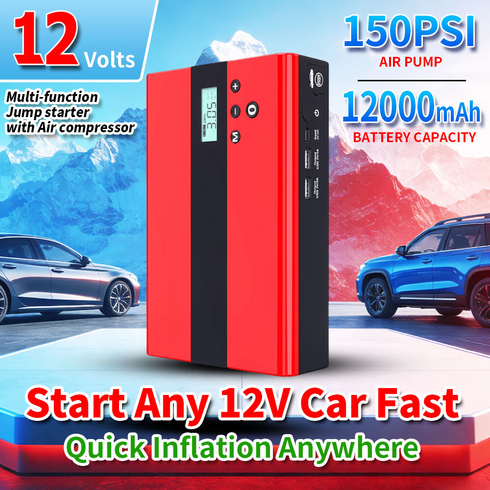 12000mAh High-Power Car Jump Starter with 1000A Peak Current and 150 PSI Tire Inflator Portable Power Bank