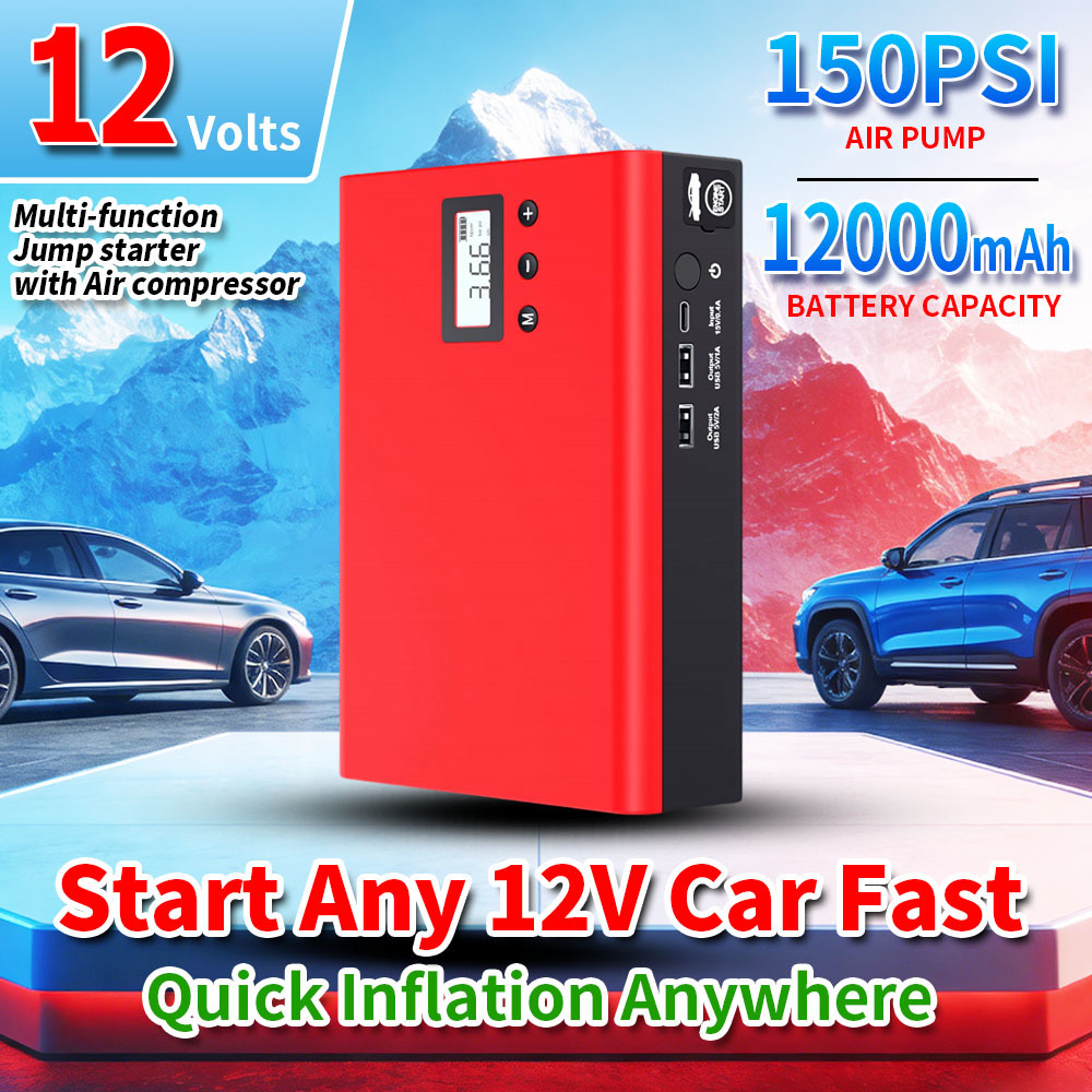12000mAh Vehicle Battery Booster Pack with Air Compressor and USB Charger