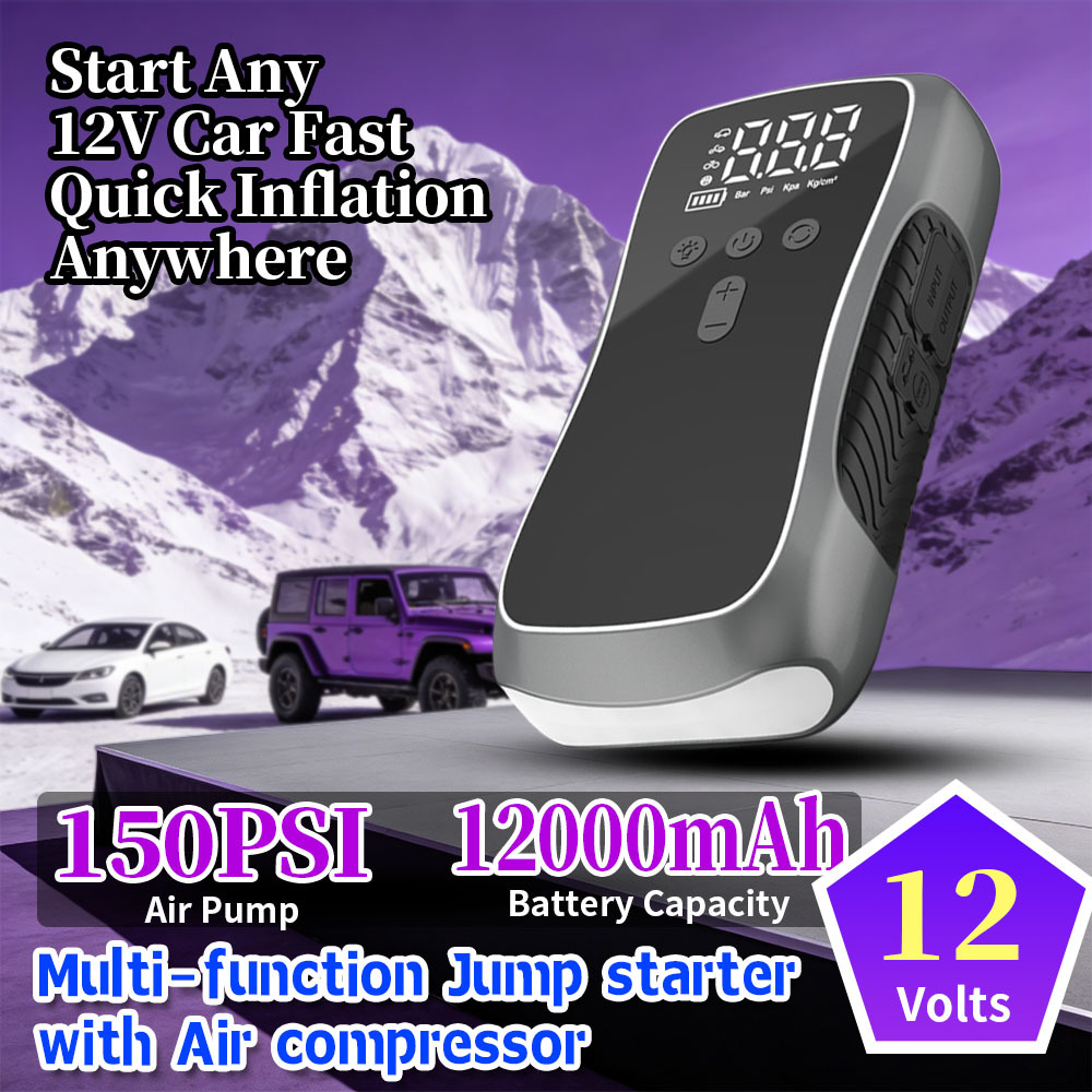 Portable 12V Car Jump Starter with 150 PSI Air Compressor and 8000mAh Lithium Battery Power Bank