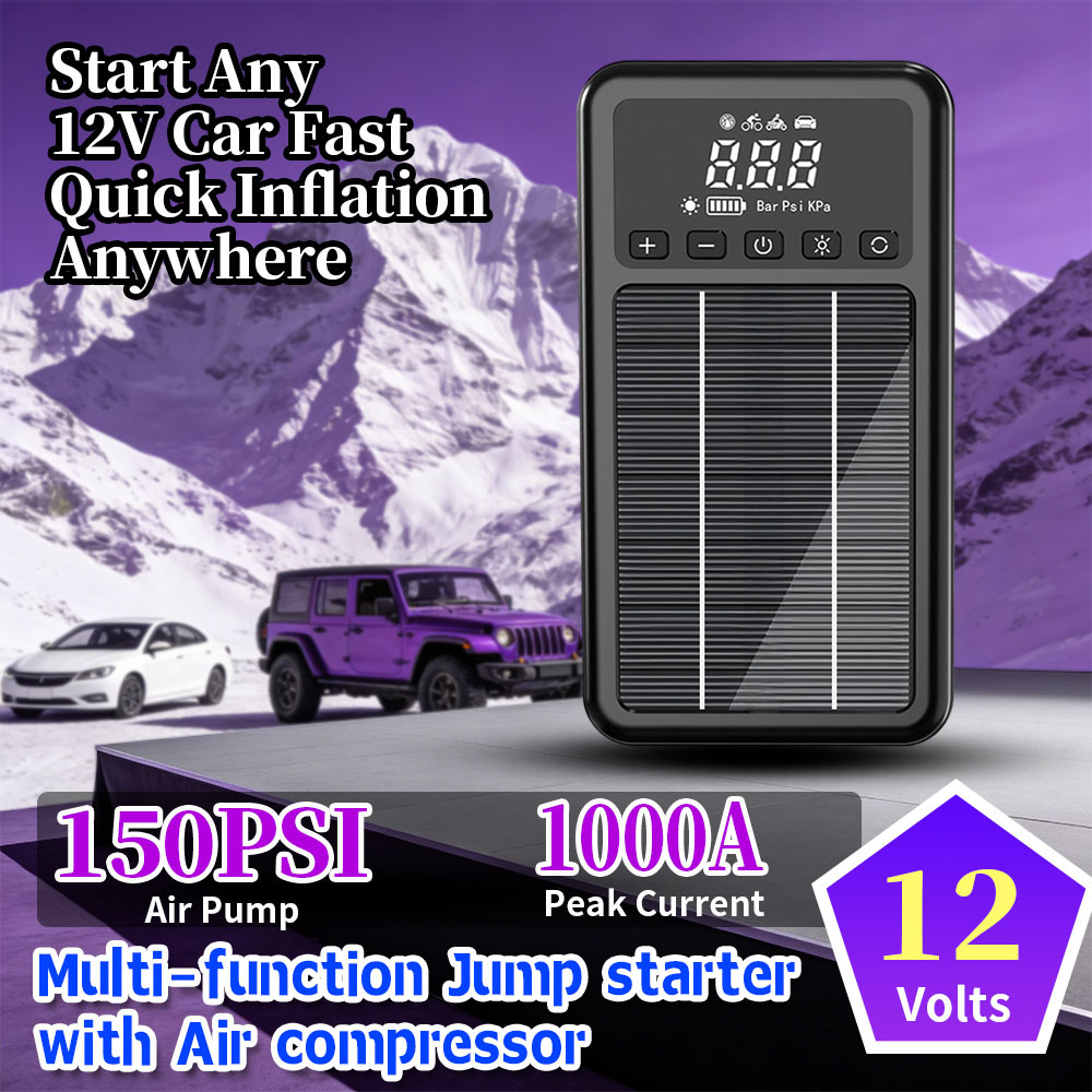 Portable 1000A Peak Car Jump Starter with 150 PSI Air Compressor and 2.4-inch Digital Display