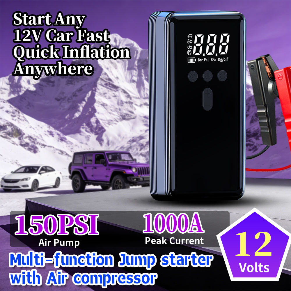 12V Portable Car Jump Starter with 1000A Peak Current and 150PSI Air Compressor Featuring Digital Display
