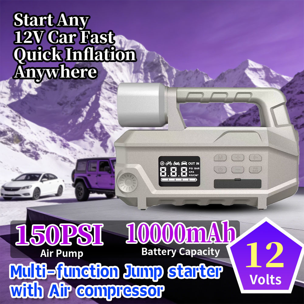 Smart 10000mAh Jump Starter with 150 PSI Air Compressor and LED Flashlight for Emergency Power Supply