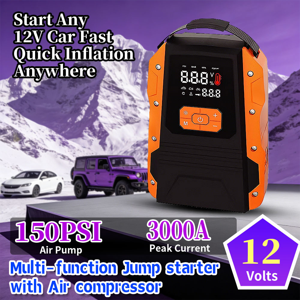3000A Peak Current 12V Car Jump Starter with 150PSI Air Compressor and Digital Display