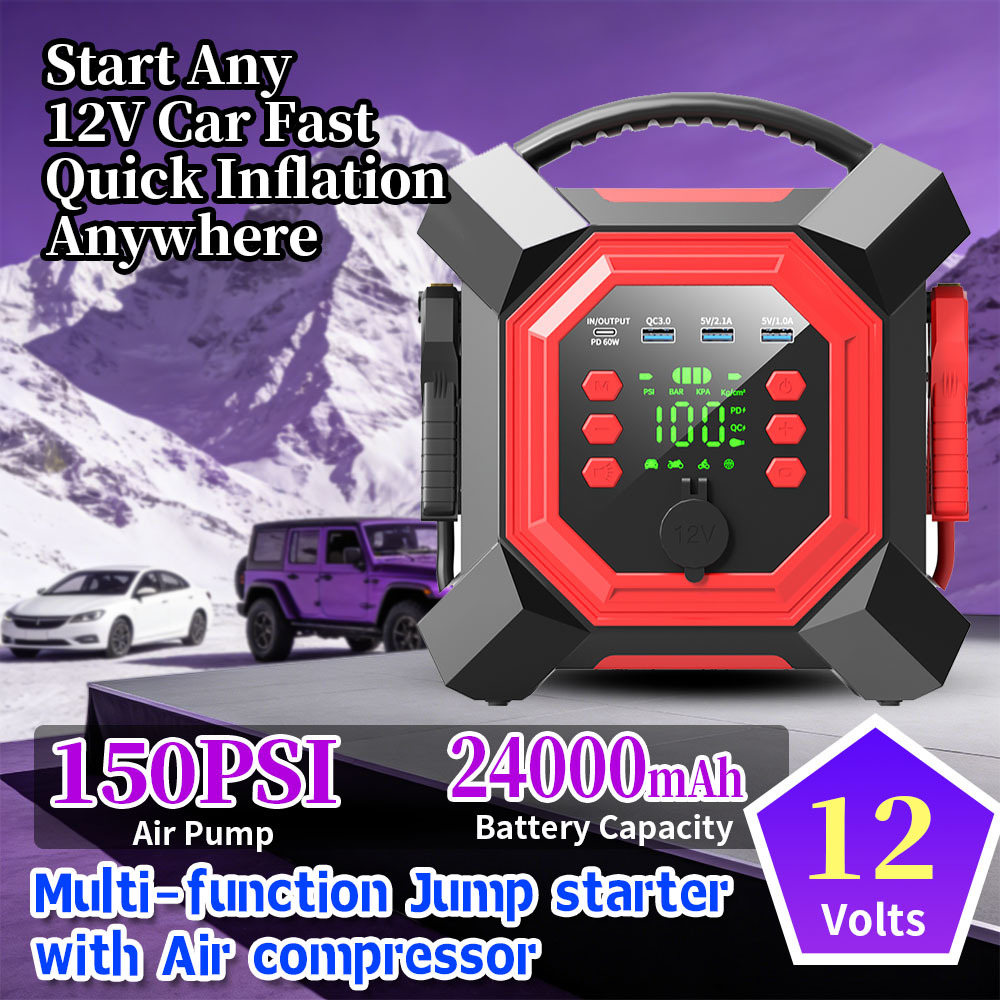 12V 24000mAh Car Jump Starter with 600A Peak Current and 150 PSI Air Compressor for Emergency Power