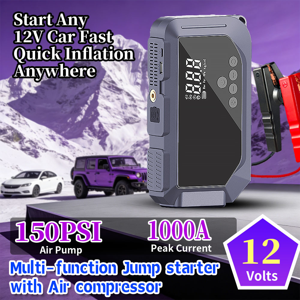 Multifunctional 12V Car Jump Starter with 1000A Peak Current, 150 PSI Air Compressor and 6000mAh Portable Power Bank