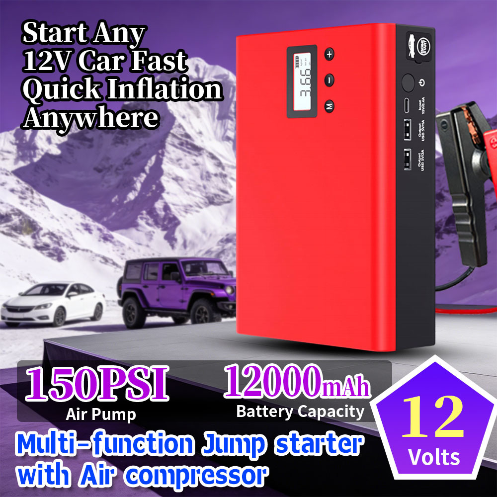 12V 12000mAh Vehicle Battery Booster with 1000A Peak Current and 150 PSI Tire Inflator Portable Power Bank