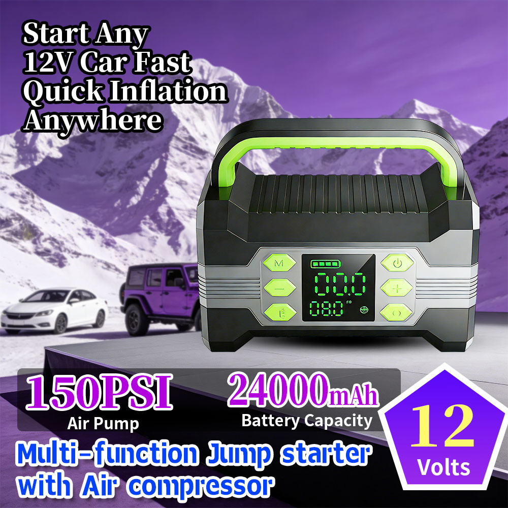 24000mAh Car Jump Starter with 150 PSI Tire Compressor and Multi-function LED Lighting Portable Power Bank