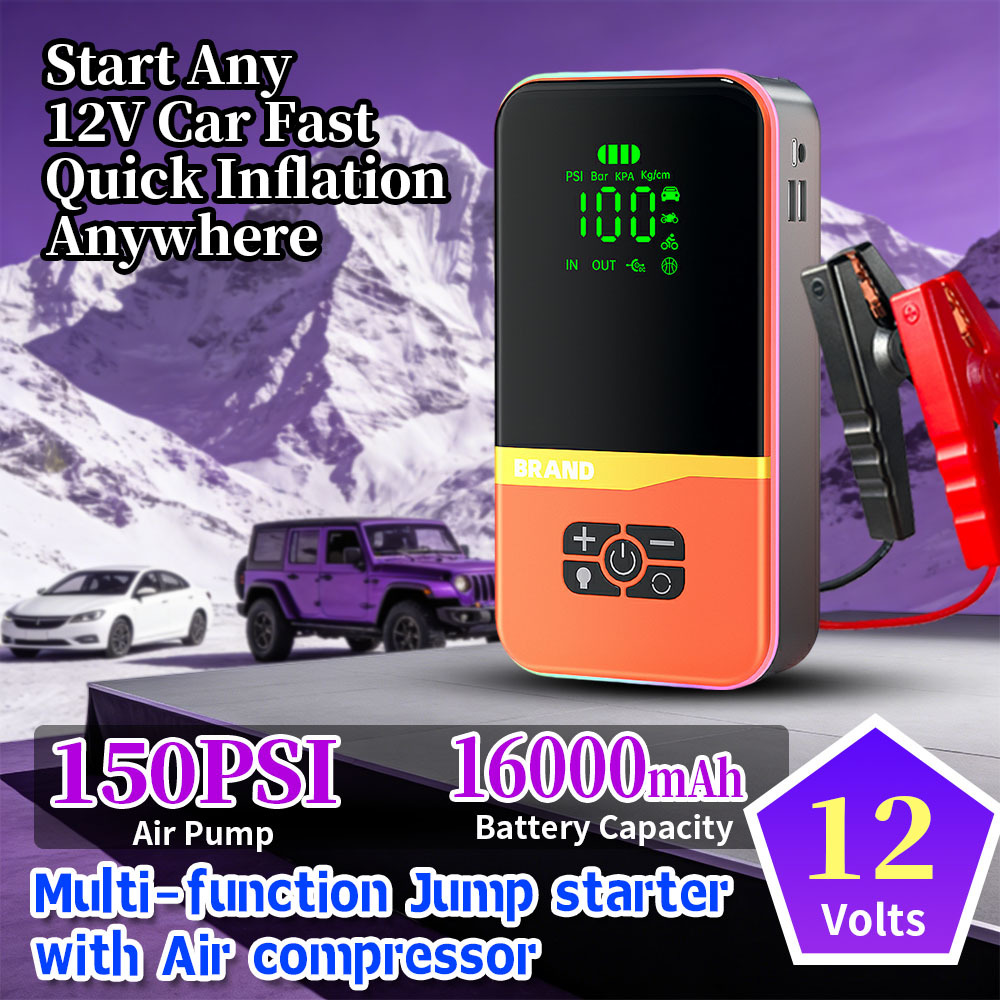 600A Peak Current Vehicle Jump Starter with Built-in 150 PSI Air Compressor and 30000mAh Battery Capacity