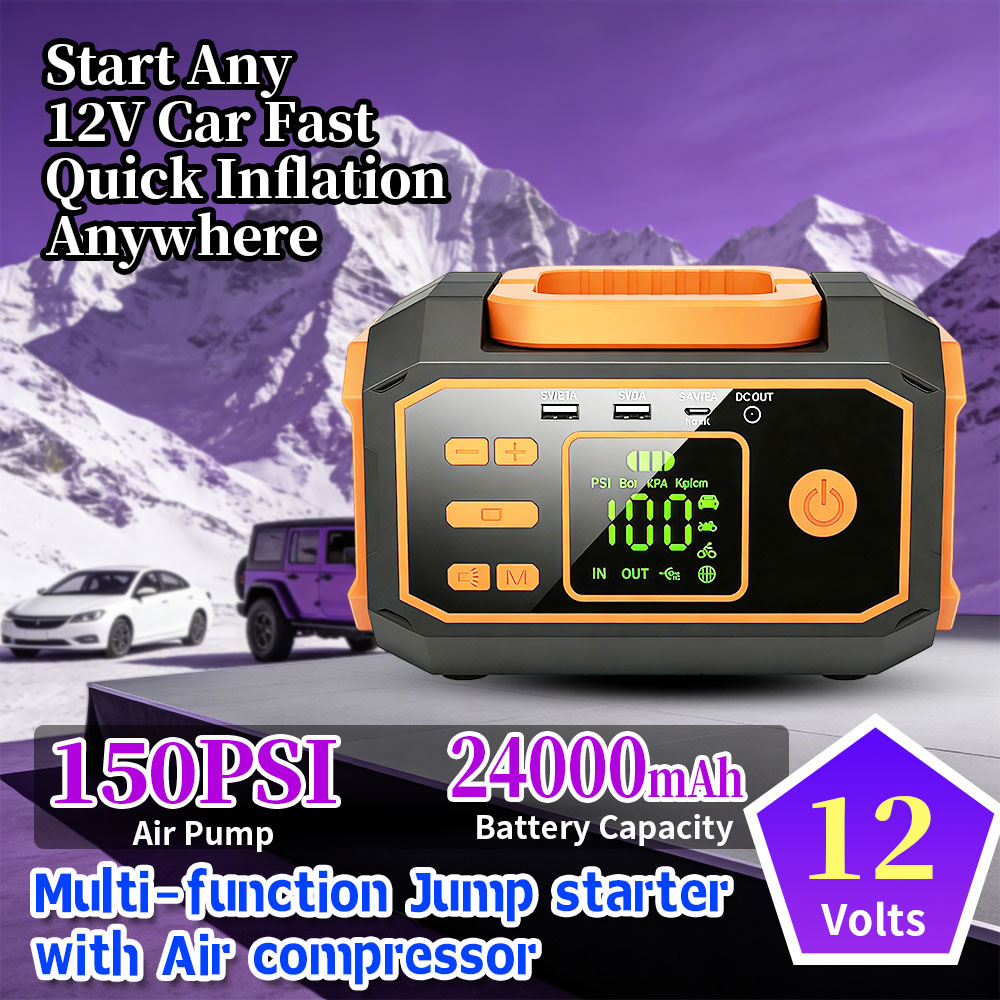 High-Capacity 24000mAh Car Jump Starter with 150 PSI Tire Inflator and 600A Peak Current