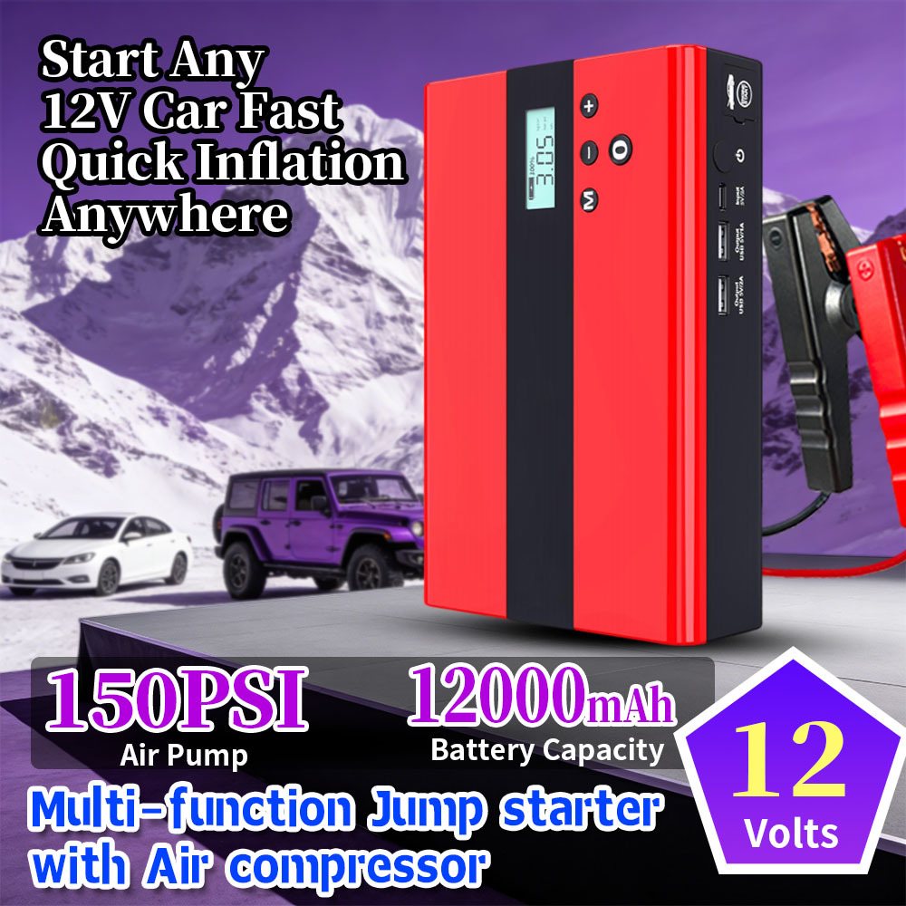 1000A Peak Current 12V Car Jump Starter with 150 PSI Air Compressor and 12000mAh Portable Power Bank