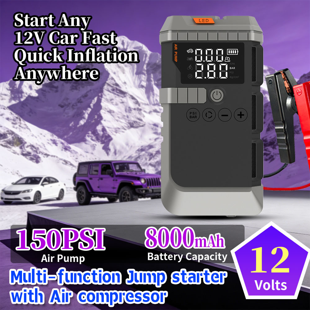Portable 8000mAh Car Jump Starter with 1000A Peak Current and 150PSI Air Pump for Emergency Vehicle Starting