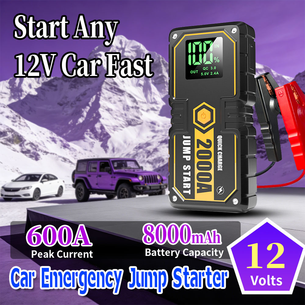 12V Portable Battery Booster with 600A Peak Current 8000mAh Capacity and QC3.0 Fast Charging for Cars