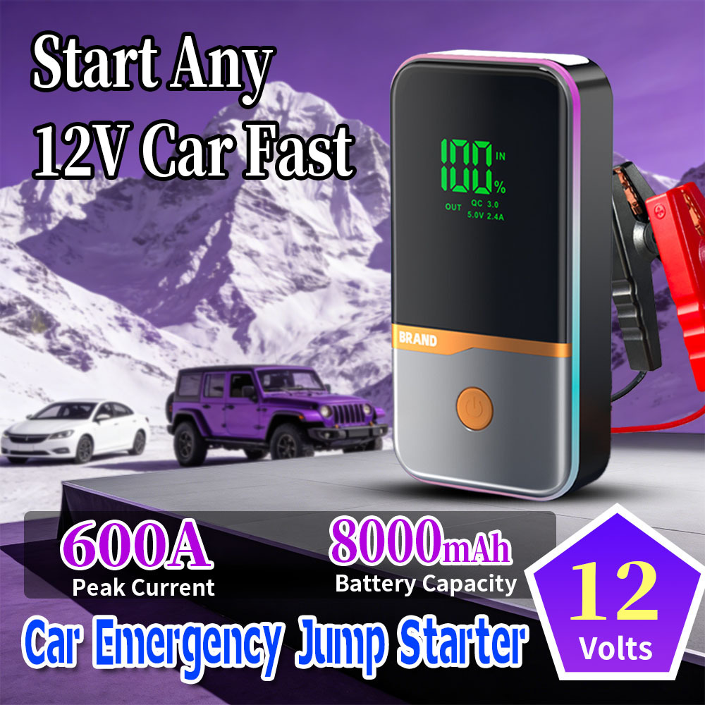 12V Compact Car Jump Starter with 600A Peak Current, 20000mAh Battery, and Digital Display for Emergency Power