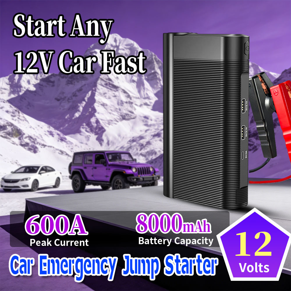 12V Compact Car Jump Starter with 600A Peak Current 8000mAh Battery and LED Flashlight