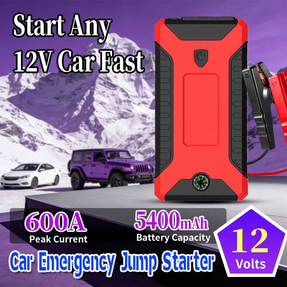 Portable 12V Car Battery Jump Starter with 600A Peak Power and 5400mAh Power Bank