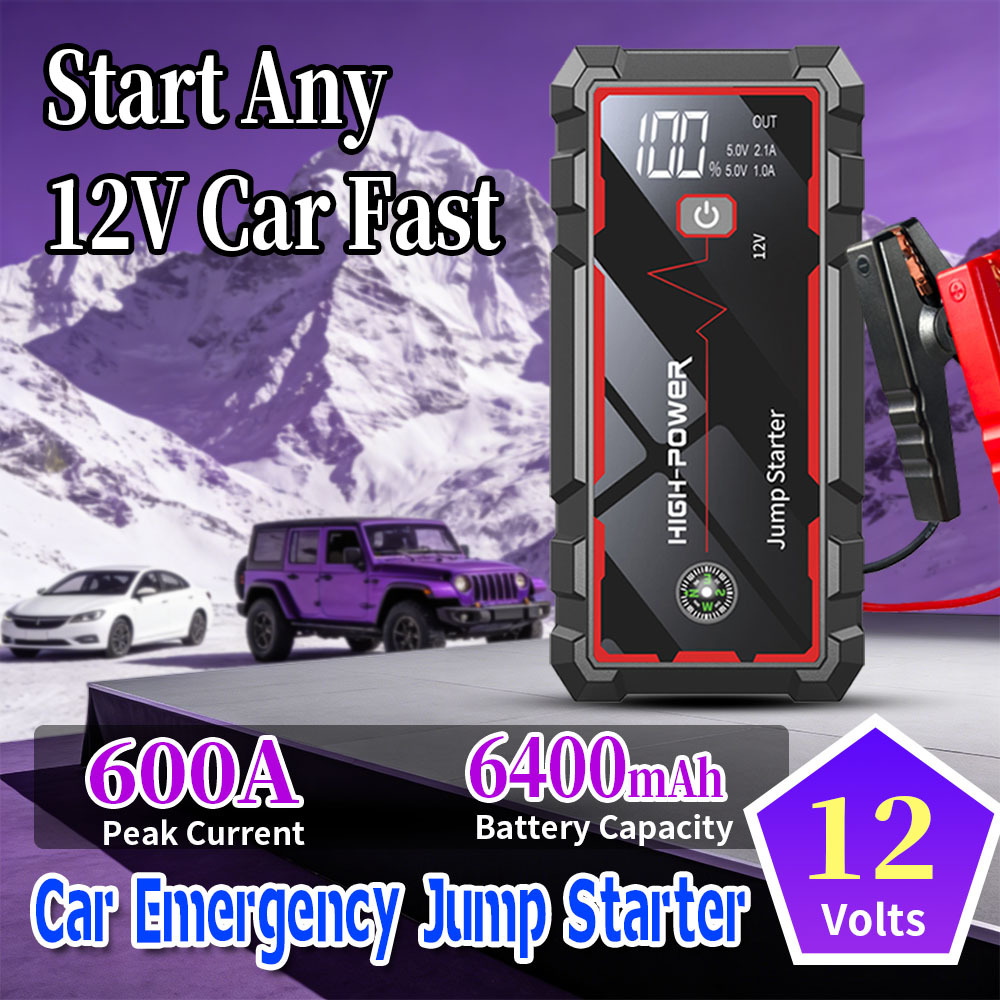 Auto Jump Starter 600A Peak Current with 6400mAh Battery and LED Display for 12V Vehicles