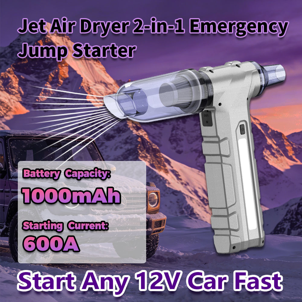 8000mAh Battery Multi Functional Jump Starter with 600A Peak Current and High-Speed Air Blower for Car Emergency