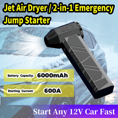 6000mAh 6-in-1 Emergency Jump Starter with 600A Peak Current for 12V Cars, Air Compressor, Flashlight, and Power Bank